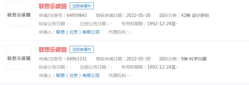 聯(lián)想申請“聯(lián)想樂碳圈”商標，目前狀態(tài)顯示申請中